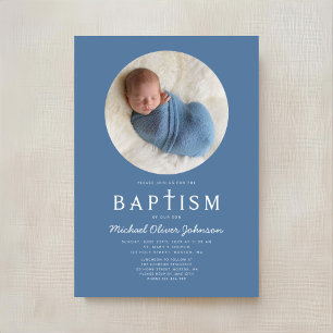 Invitation Croix religieuse moderne bleue Photo Baptême garço