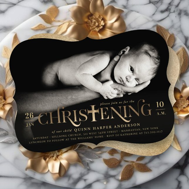 Invitation Croix Religieuse Moderne Bold en Feuille d'Or Bapt (Faux Gold Foil Modern Classic Bold Cross Stylish Christening Photo Invitation @ fat_fa_tin)