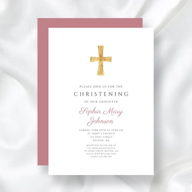Invitation Croix religieuse moderne Gris rose Christening (Modern Religious Cross Pink Stripes Christening Invitation)