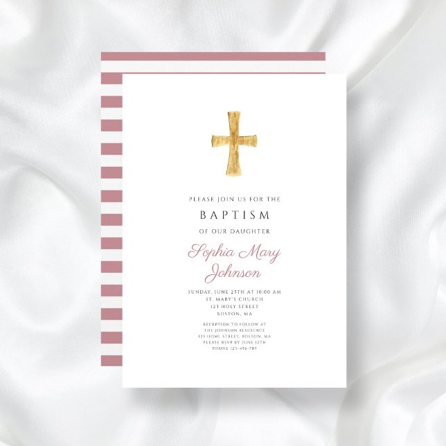 Invitation Croix Religieuse Moderne Pink Stripes Fille Baptêm (Religious Cross Modern Pink Stripes Girl Baptism Invitation)