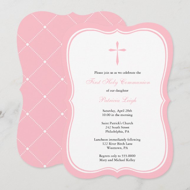 Invitation Croix religieuse moderne, rose (Devant / Derrière)