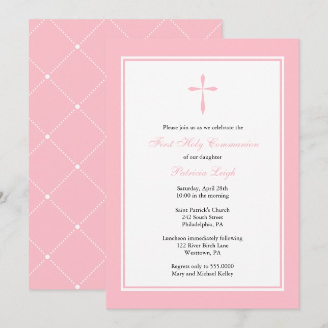 Invitation Croix religieuse moderne, rose (Devant / Derrière)