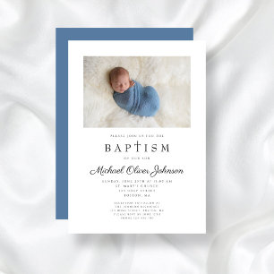 Invitation Croix religieuse Photo Bleu garçon Baptême
