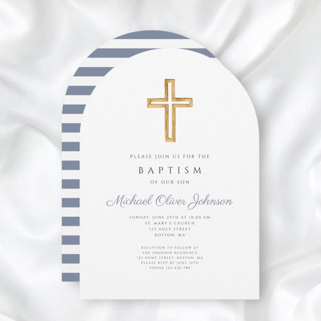Invitation Croix religieuse rayée bleu poussiéreux garçon arc (Religious Cross Dusty Blue Stripe Boy Baptism Arch Invitation)