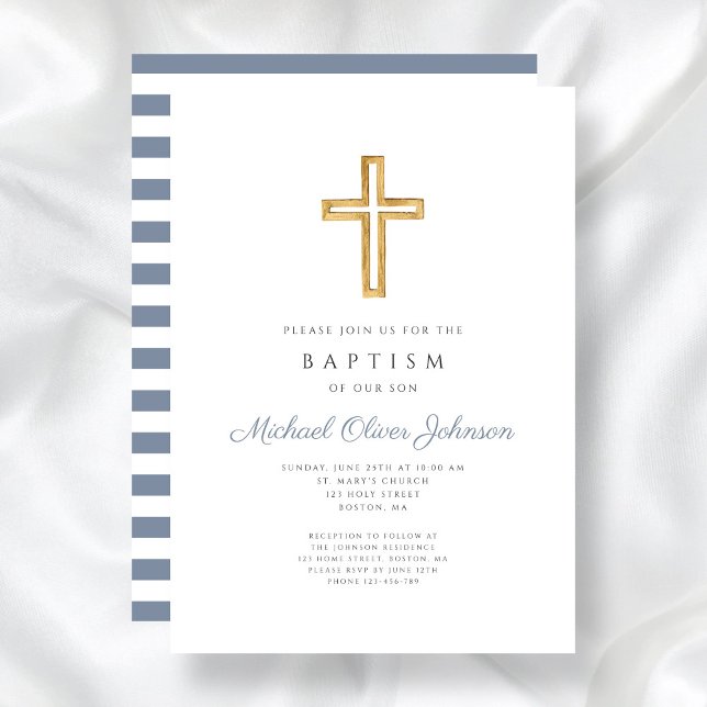 Invitation Croix religieuse rayures bleu poussiéreux garçon b (Religious Cross Dusty Blue Stripes Boy Baptism Invitation)