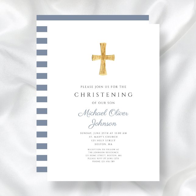 Invitation Croix Religieuse Rayures Bleues Garçon Baptême (Religious Cross Blue Stripes Boy Christening Invitation)