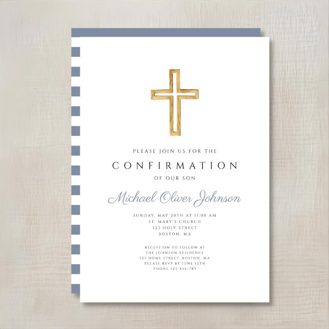 Invitation Croix religieuse rayures bleues Garçon Confirmatio (Blue Stripes Religious Cross Boy Confirmation Invitation)