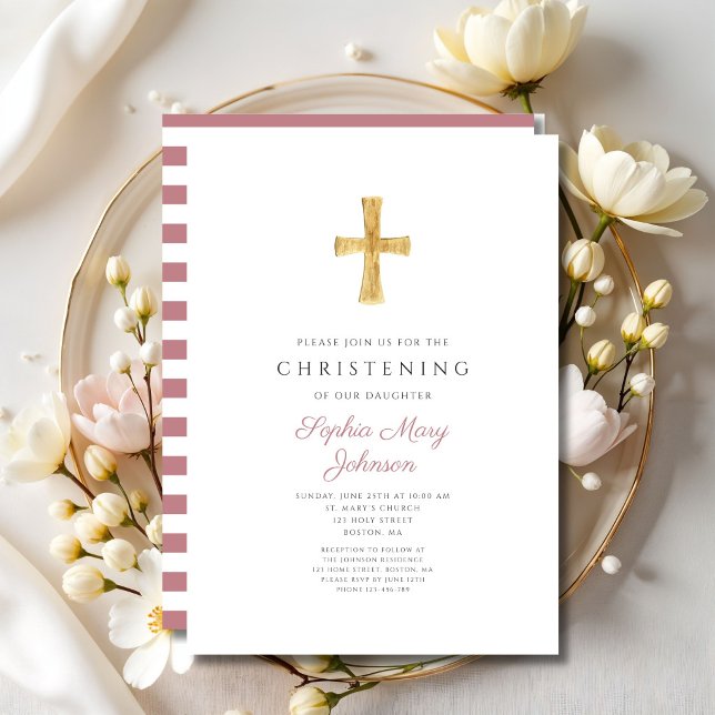 Invitation Croix Religieuse Rayures Roses Fille Baptême      (Religious Cross Pink Stripes Girl Christening Invitation)