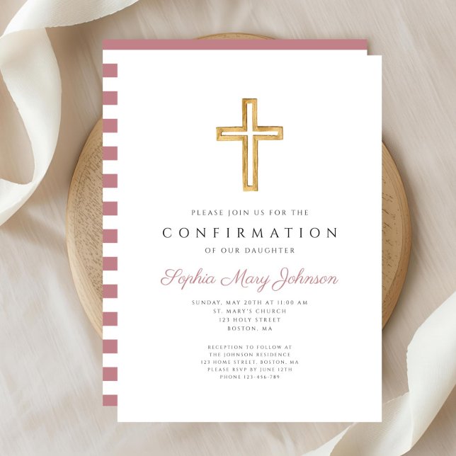 Invitation Croix Religieuse Rayures Roses Fille Confirmation (Pink Stripes Religious Cross Girl Confirmation Invitation)