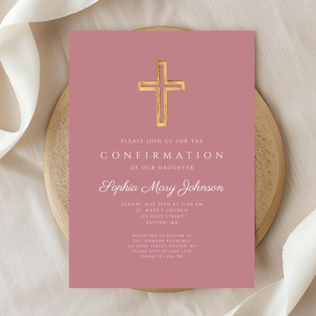 Invitation Croix Religieuse Rose Élégante Fille Confirmation (Elegant Pink Religious Cross Girl Confirmation Invitation )
