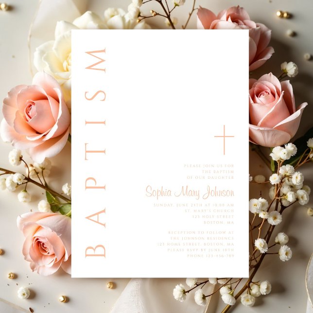 Invitation Croix Religieuse Rose Élégante Moderne Baptême Fil (Modern Elegant Pink Religious Cross Girl Baptism Invitation)
