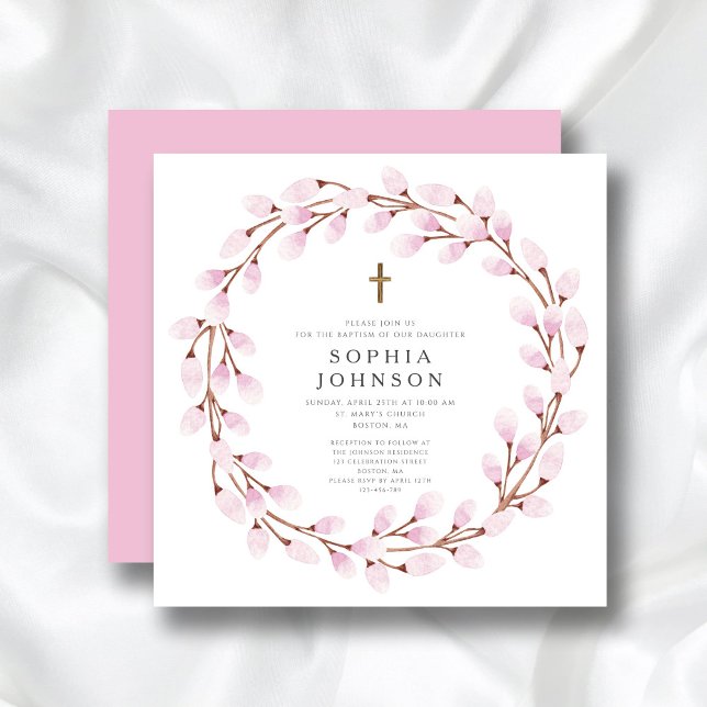 Invitation Croix religieuse rose élégante pour baptême (Elegant Pink Religious Cross Baptism Invitation)