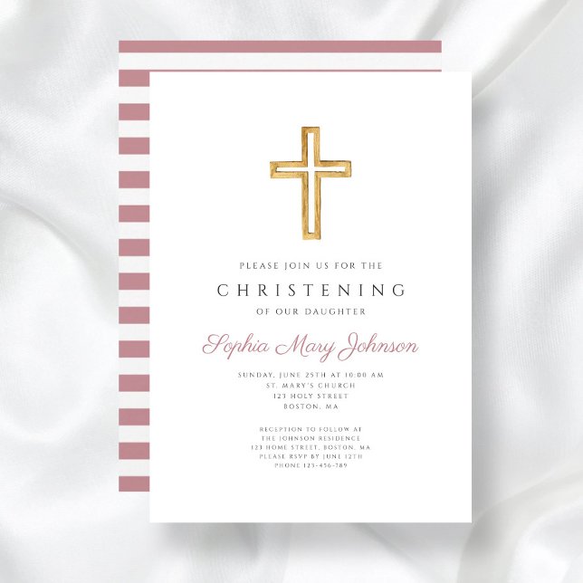 Invitation Croix Religieuse Rose Moderne Baptême (Modern Pink Religious Cross Christening Invitation)