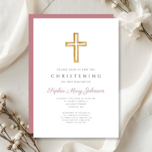 Invitation Croix Religieuse Rose Moderne Fille Baptême