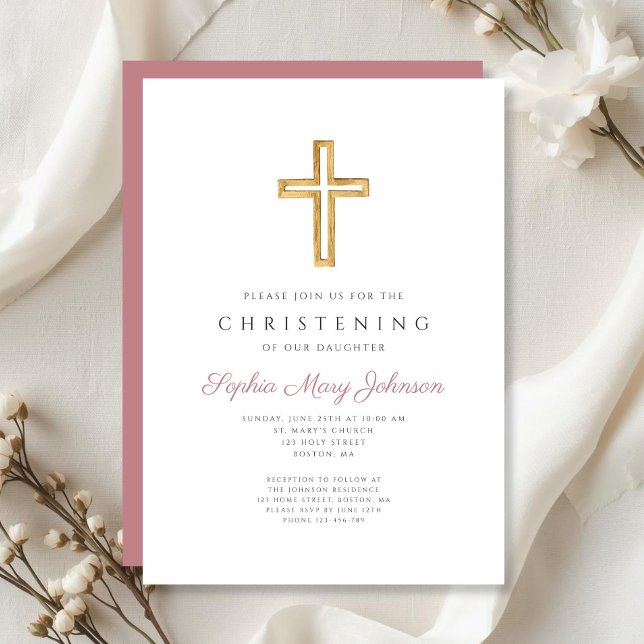 Invitation Croix Religieuse Rose Moderne Fille Baptême (Modern Pink Religious Cross Girl Christening Invitation)