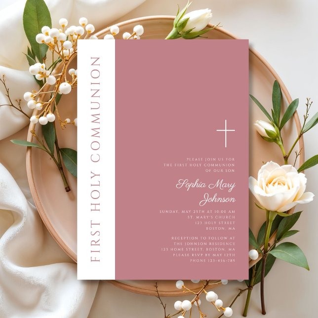 Invitation Croix Religieuse Rose Moderne Fille Première Commu (Modern Pink Religious Cross Girl First Communion Invitation)