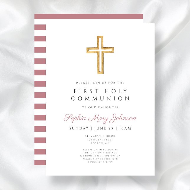 Invitation Croix Religieuse Rose Moderne Fille Première Commu (Modern Pink Religious Cross Girl First Communion Invitation)