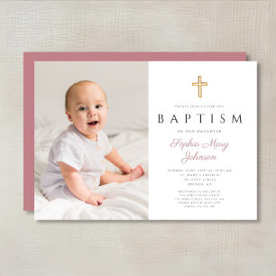Invitation Croix religieuse rose moderne Photo Baptême