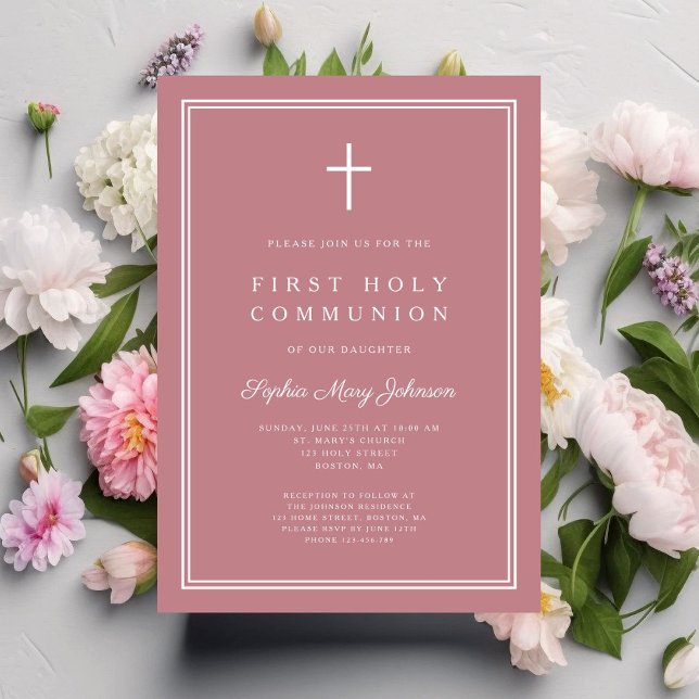 Invitation Croix religieuse rose moderne Première communion d (Modern Pink Religious Cross Girl First Communion Invitation)