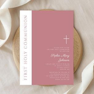 Invitation Croix religieuse rose moderne Première communion d
