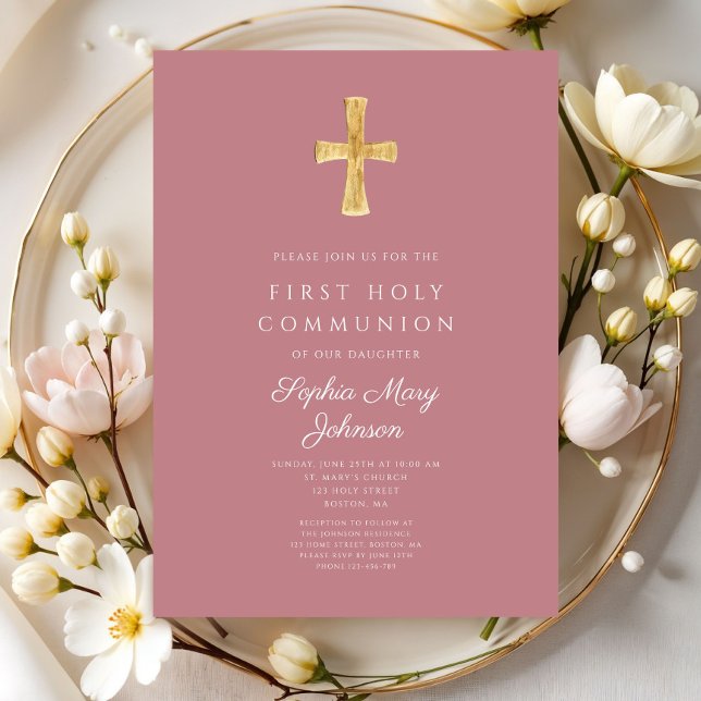 Invitation Croix religieuse rose moderne Première communion d (Modern Pink Religious Cross Girl First Communion Invitation)