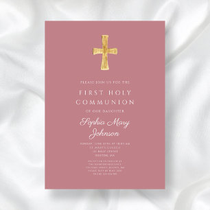 Invitation Croix religieuse rose moderne Première communion d