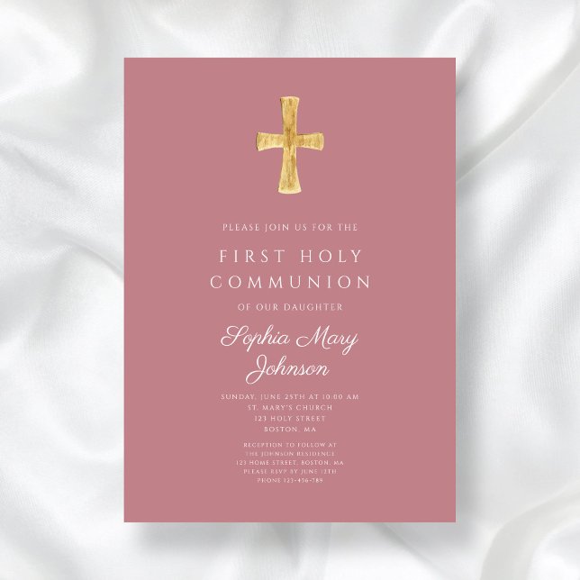 Invitation Croix religieuse rose moderne Première communion d (Modern Pink Religious Cross Girl First Communion Invitation)