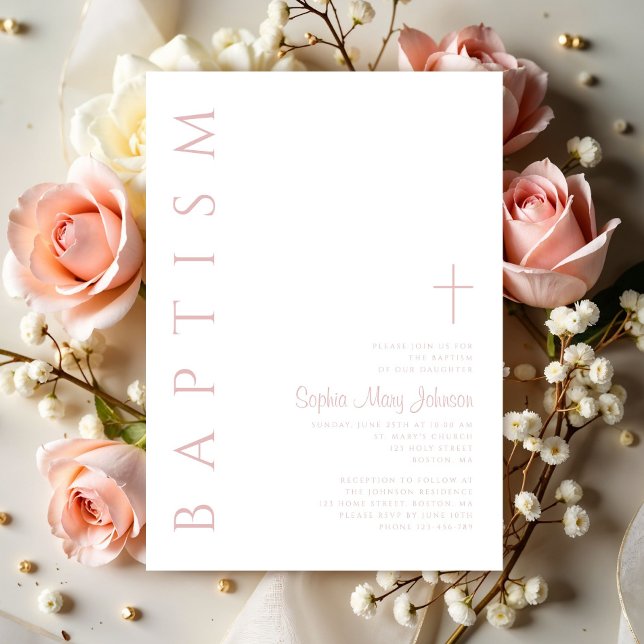Invitation Croix Religieuse Rose Pâle Moderne Fille Baptême (Modern Blush Pink Religious Cross Girl Baptism Invitation)