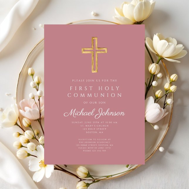 Invitation Croix religieuse rose poudrée fille première commu (Dusty Pink Religious Cross Girl First Communion Invitation)