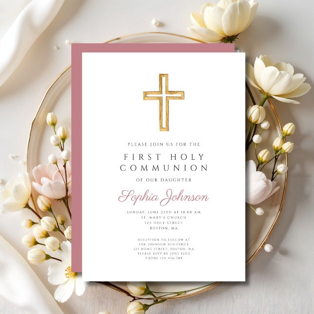 Invitation Croix religieuse rose poudrée fille première commu (Dusty Pink Religious Cross Girl First Communion Invitation)