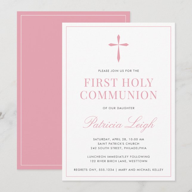 Invitation Croix Religieuse, Rose Simple et Élégant (Devant / Derrière)