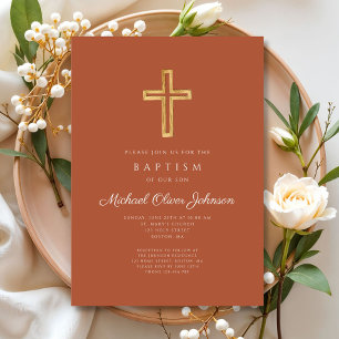 Invitation Croix religieuse Script en terre cuite Baptême gar