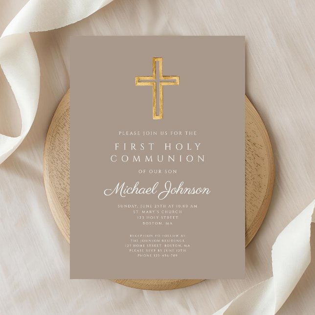 Invitation Croix religieuse taupe garçon première communion s (Taupe Religious Cross Boy First Holy Communion Invitation)