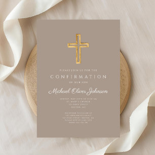 Invitation Croix Religieuse Taupe Moderne Garçon Confirmation