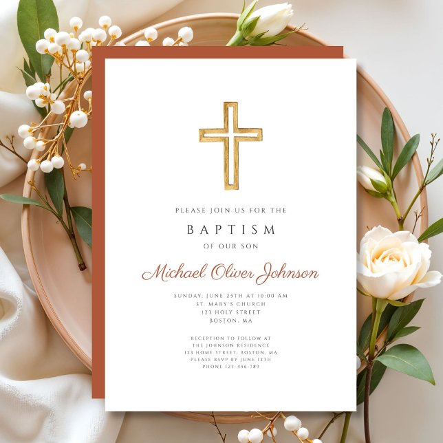 Invitation Croix Religieuse Terracotta Script Baptême (Religious Cross Terracotta Script Baptism Invitation)