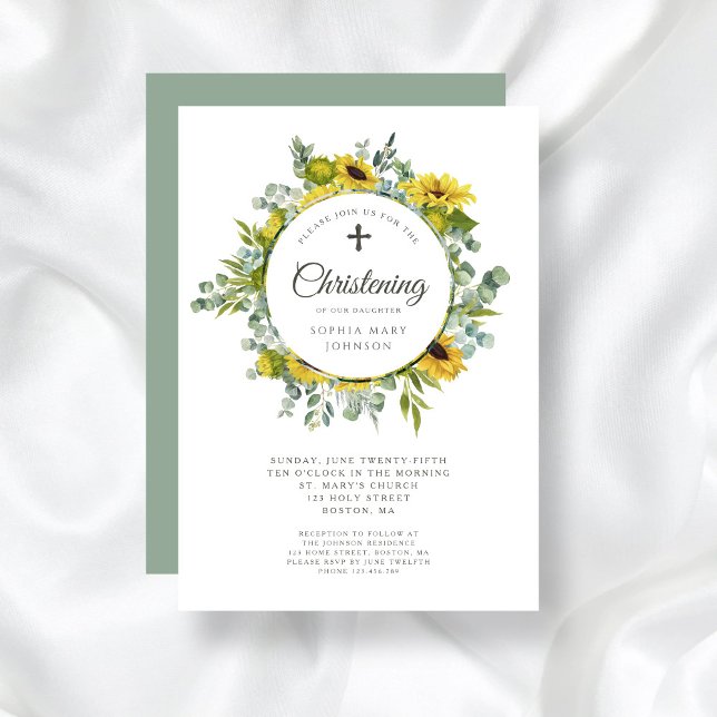Invitation Croix religieuse Tournesol Frissons (Religious Cross Sunflower Wreath Christening Invitation)