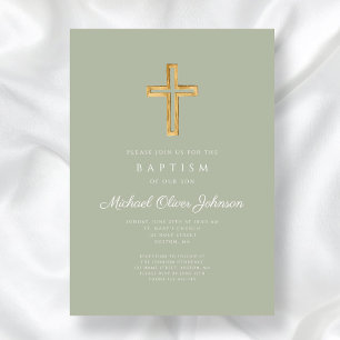 Invitation Croix Religieuse Vert Sage Élégante Baptême