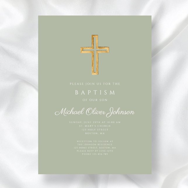 Invitation Croix Religieuse Vert Sage Élégante Baptême (Sage Green Elegant Religious Cross Baptism Invitation)