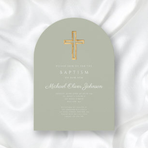 Invitation Croix Religieuse Vert Sage Élégante Baptême