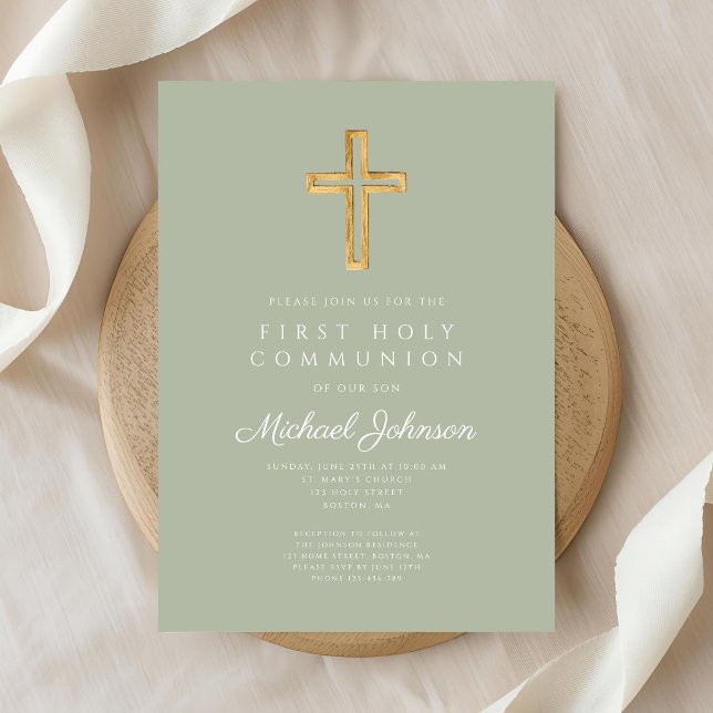 Invitation Croix religieuse vert sauge Garçon Première Commun (Sage Green Religious Cross Boy First Communion Invitation)