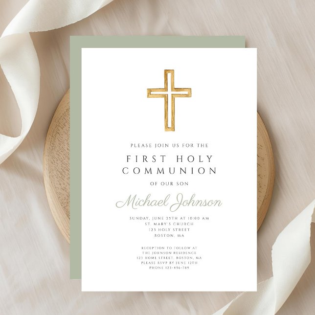 Invitation Croix religieuse vert sauge Garçon Première Commun (Sage Green Religious Cross Boy First Communion Invitation)
