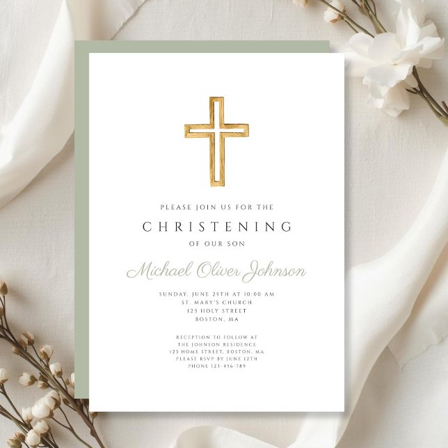 Invitation Croix religieuse vert sauge moderne Baptême    (Modern Sage Green Religious Cross Christening Invitation)