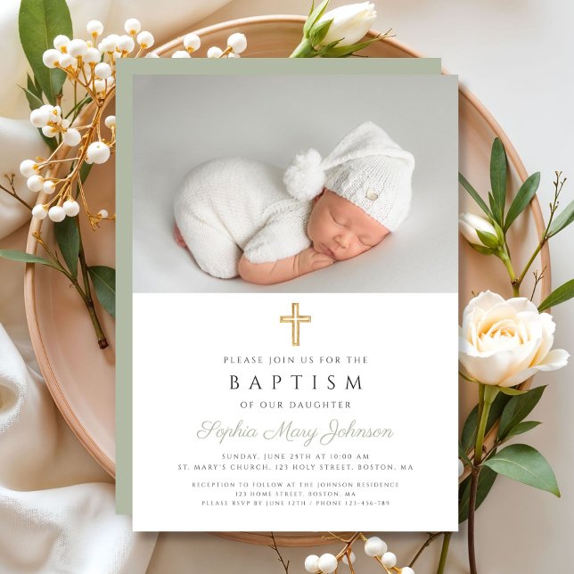 Invitation Croix religieuse vert sauge moderne Photo Baptême (Modern Sage Green Religious Cross Photo Baptism Invitation)