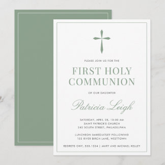 Invitation Croix Religieuse, Vert Sauge Simple et Élégant