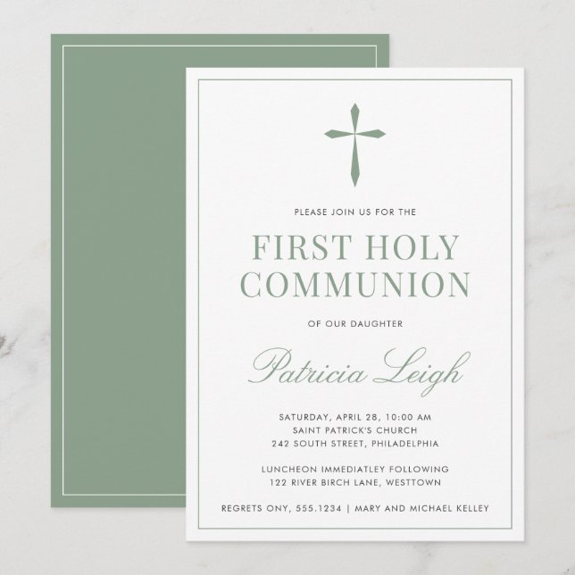 Invitation Croix Religieuse, Vert Sauge Simple et Élégant (Devant / Derrière)
