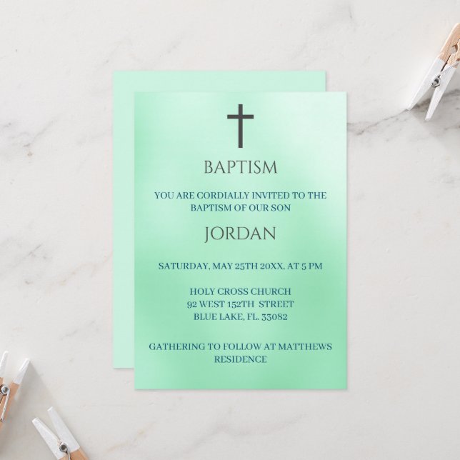 Invitation Croix religieuse verte Baptême traditionnel (Devant/Arrière en situation)