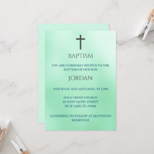 Invitation Croix religieuse verte Baptême traditionnel