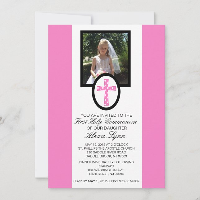 Invitation Croix rose avec l'invitation de communion de photo (Devant)