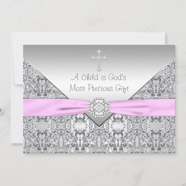 Invitation Croix rose Baby Girl Baptism Christening (Devant)