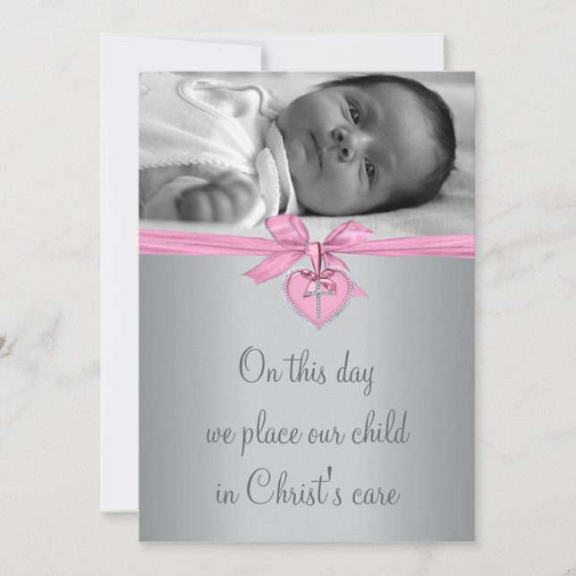 Invitation Croix rose Baby Girl Photo Christening (Devant)